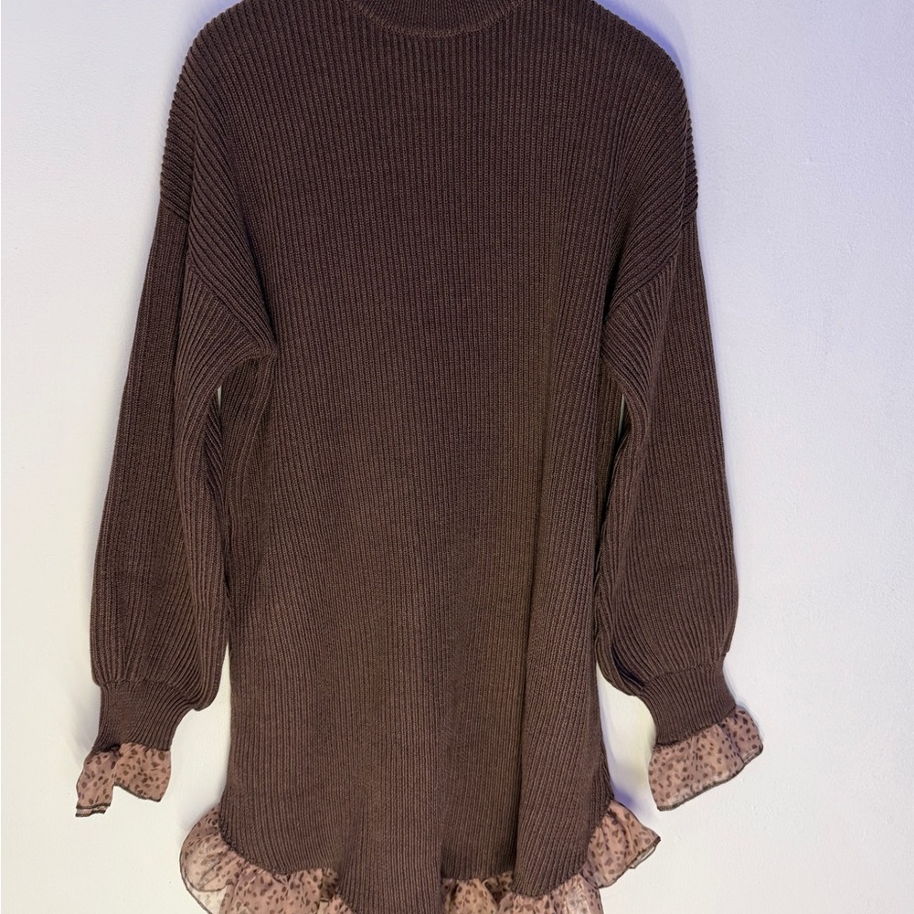 Brown Women's Sweater with Ruffle Detail
